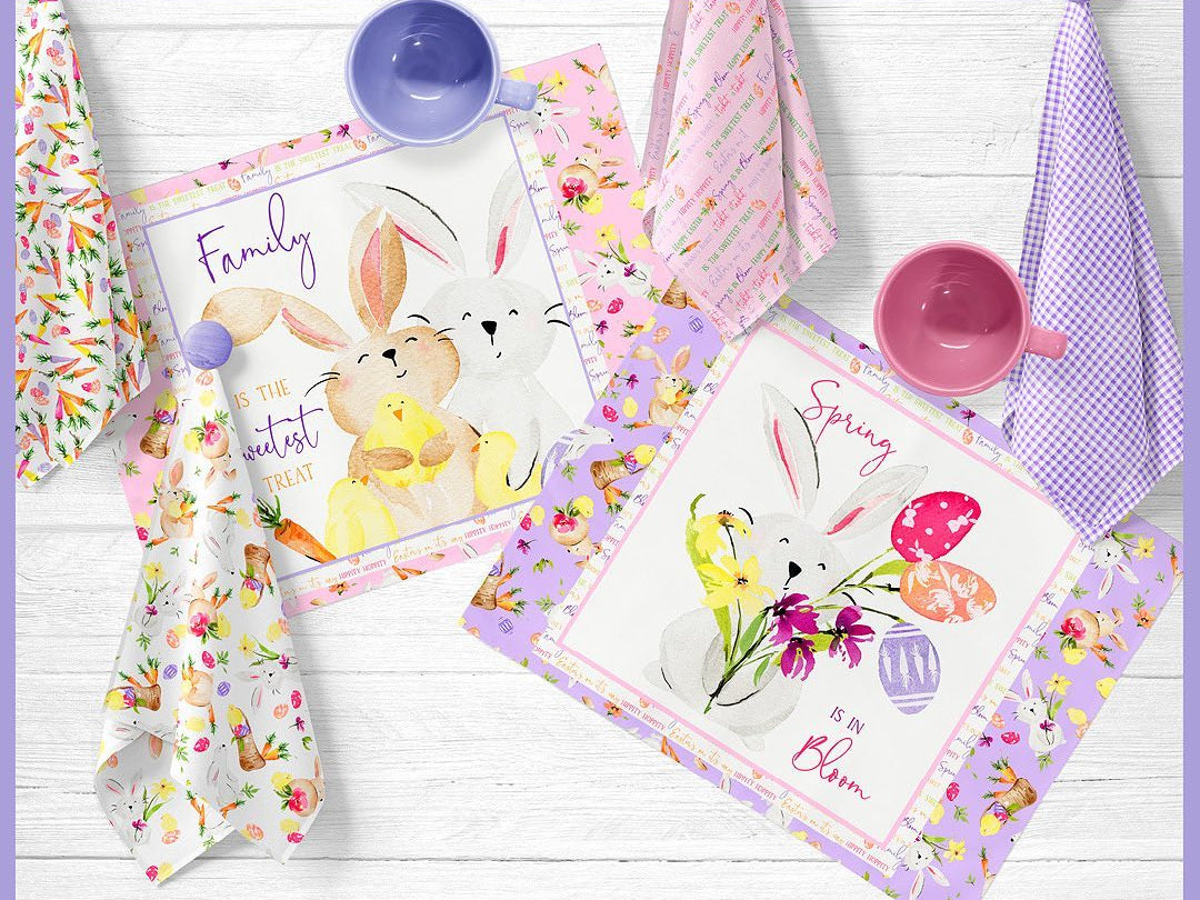 Cute bunnies with chicks, eggs and flowers in lovely pastel pinks and purples.  Hoppy Easter fabric collection.
