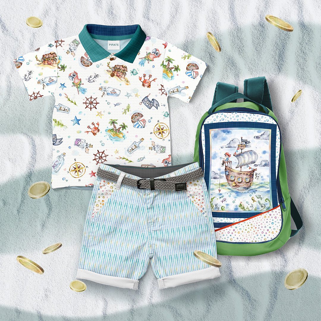 Boys backpack and shorts set made with cute pirate pattern from the Enchanted Seas Pirates Colleciton.