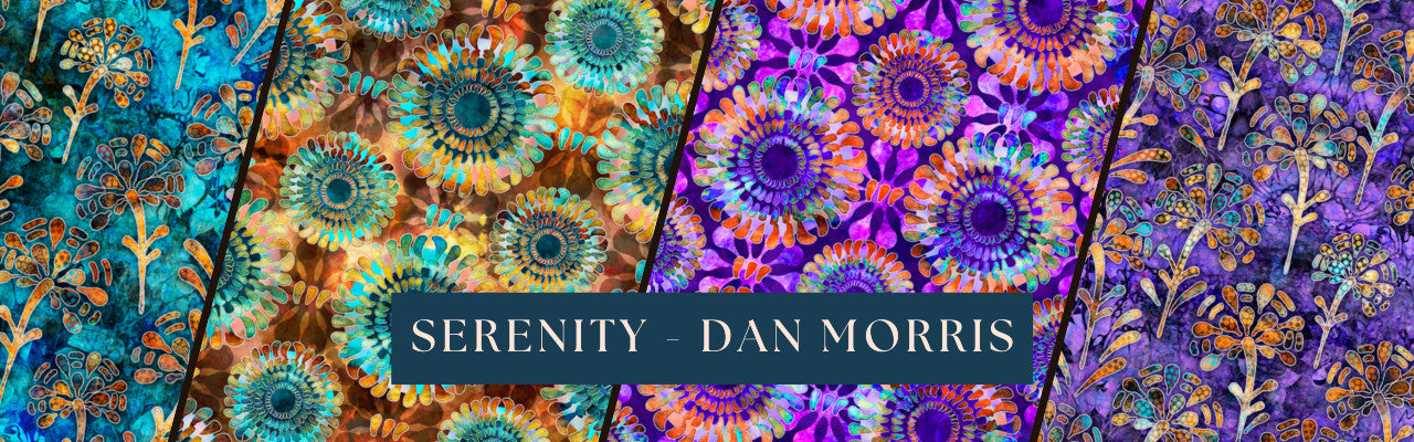 Beautiful batik looking prints in rich tones of blue, brown and purple.  Serenity by Dan Morris.