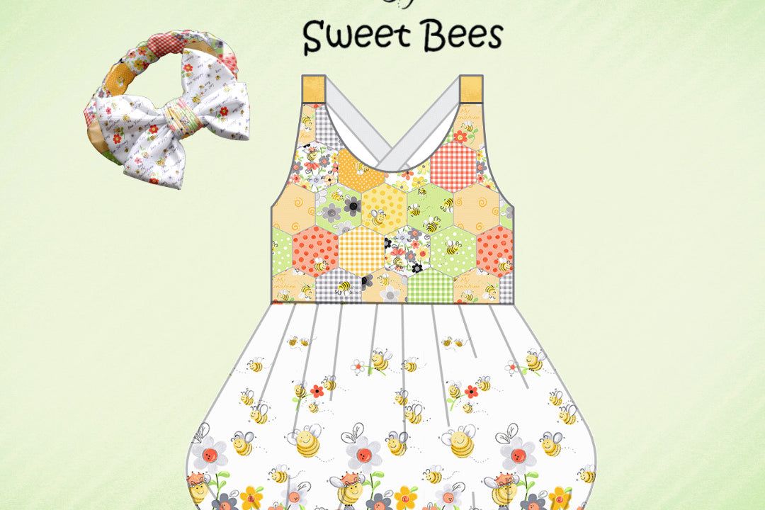 Little girls summer romper made with Sweet Bees fabric collection.