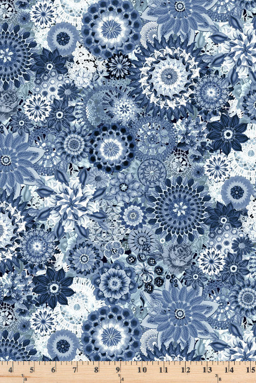 Large packed crochet tonal flowers in blue color.  108 inch wide fabric Floral Crochet FCRO 4774 B.