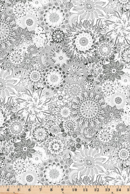 Large packed crochet tonal flowers in light silver color.  108 inch wide fabric Floral Crochet FCRO 4774 LS.