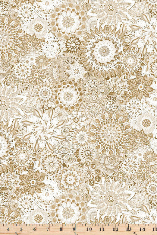 Large packed crochet tonal flowers in neutral tan color.  108 inch wide fabric Floral Crochet FCRO 4774 T.