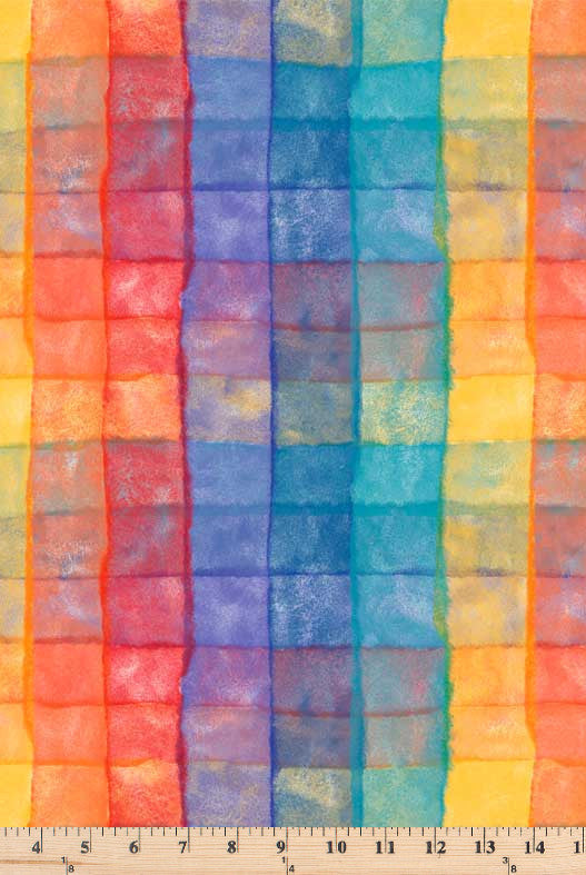 Squares in rows with ombre muttled effect in rainbow colors.  108 inch wide fabric Pixels Plaid Brown PIXE 5208 Mu.