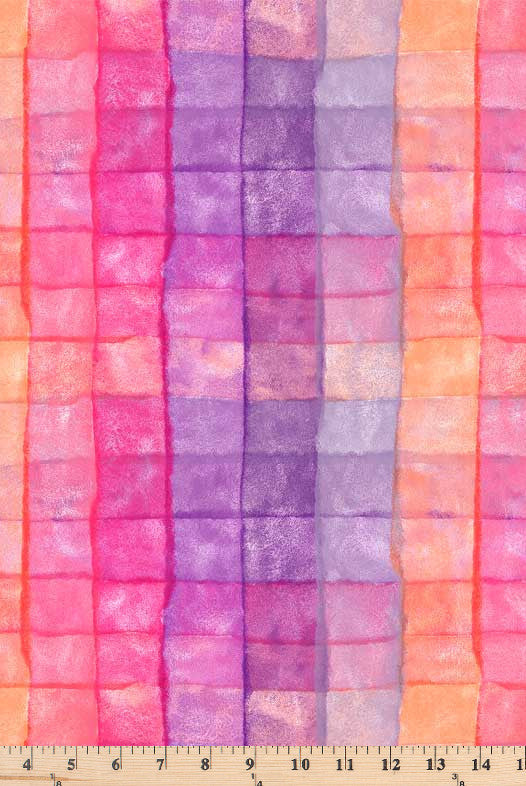 Squares in rows with ombre muttled effect in pink and purple.  108 inch wide fabric Pixels Plaid Brown PIXE 5208 PC.