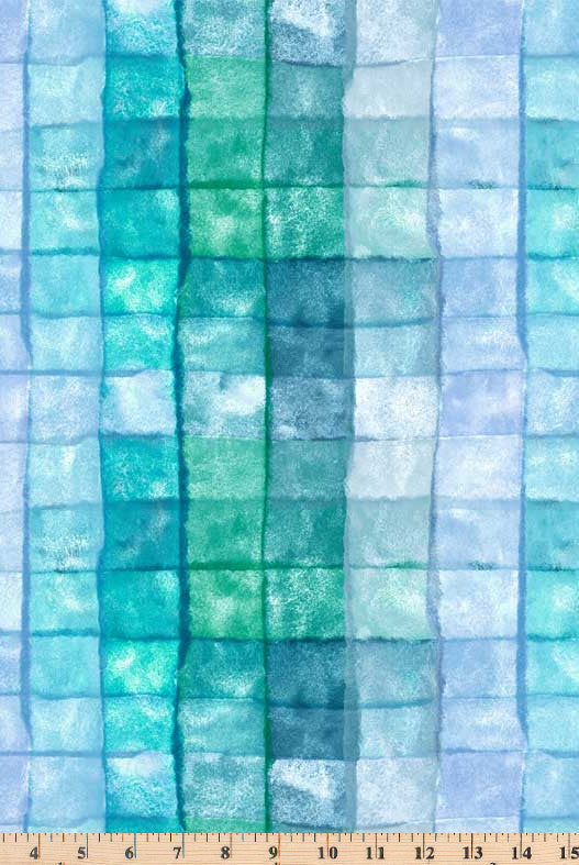 Squares in rows with ombre muttled effect in turquoise colors.  108 inch wide fabric Pixels Plaid Brown PIXE 5208 T.