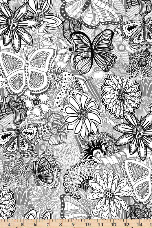 Large flowers and butterflies in tonal black and white color.  108 inch wide fabric Sketchbook SKET 5242 KW>