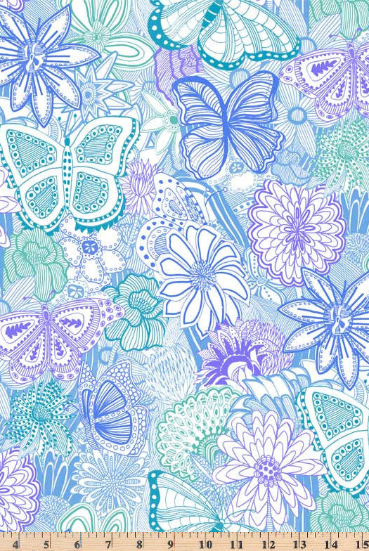 Large flowers and butterflies in tonal blue turquoise color.  108 inch wide fabric Sketchbook SKET 5242 BT.