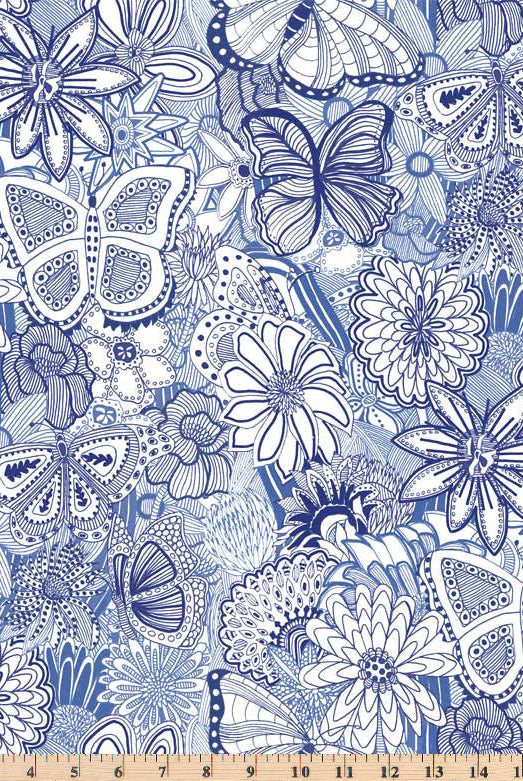 Large flowers and butterflies in tonal blue and white color.  108 inch wide fabric Sketchbook SKET 5242 BW.