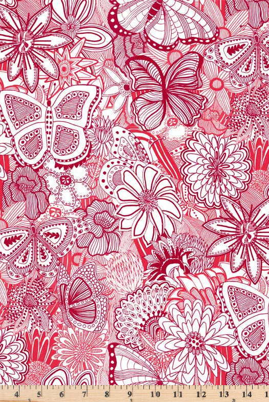 Large flowers and butterflies in tonal red and white color.  108 inch wide fabric Sketchbook SKET 5242 RW.