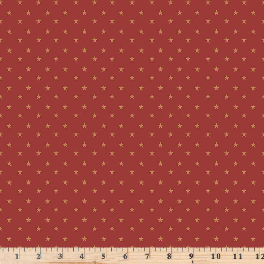 Tiny gold stars on red cotton fabric.  Coming Home Stars REd Barn