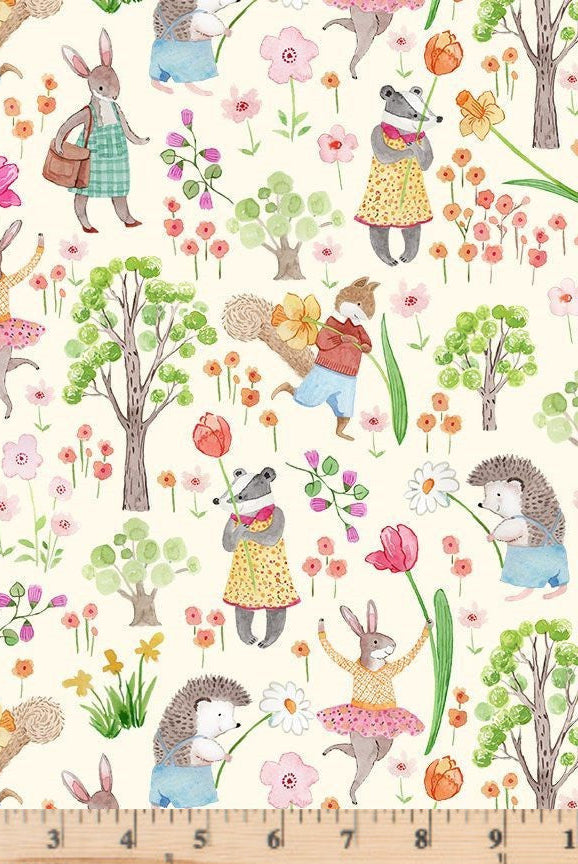  Cream woodland animals in forest with flowers.   Town Fabric Hippity Hop BUNNY-CD2413 by Timeless Treasures.