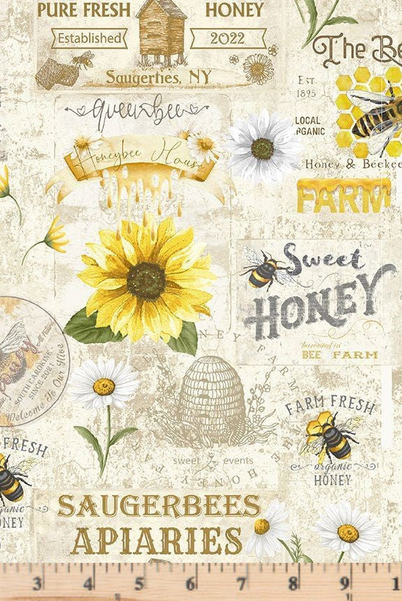 Cream Vintage Bee Farm Sign Fabric Honey Bee Farm BEE-CD2387 by Timeless Treasures.