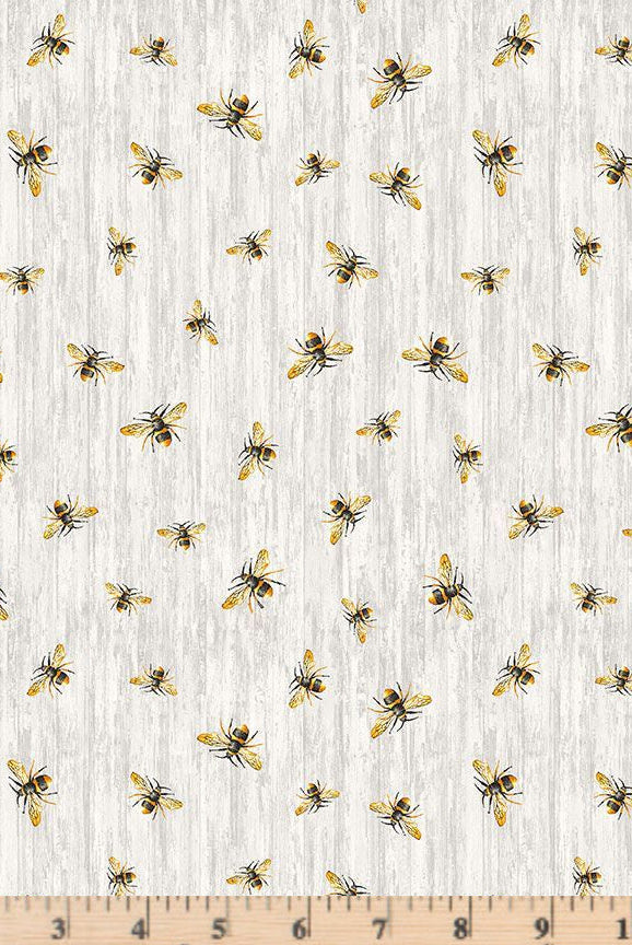 Grey Flying Bees on Wood Texture Fabric Honey Bee Farm BEE-CD2391 by Timeless Treasures.