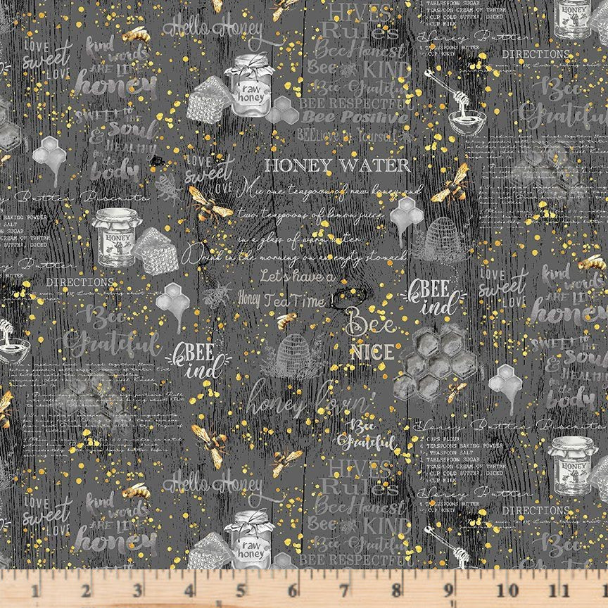 Grey Hives Rules and Quotes Fabric Honey Bee Farm BEE-CD2389 by Timeless Treasures.