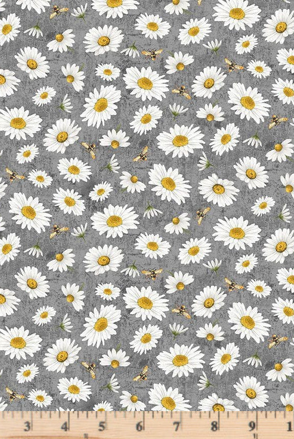 Slate Tossed Bee and Daisy Florals Fabric Honey Bee Farm BEE-CD2397 by Timeless Treasures.