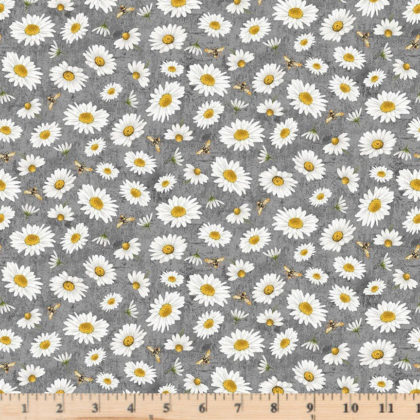 Slate Tossed Bee and Daisy Florals Fabric Honey Bee Farm BEE-CD2397 by Timeless Treasures.