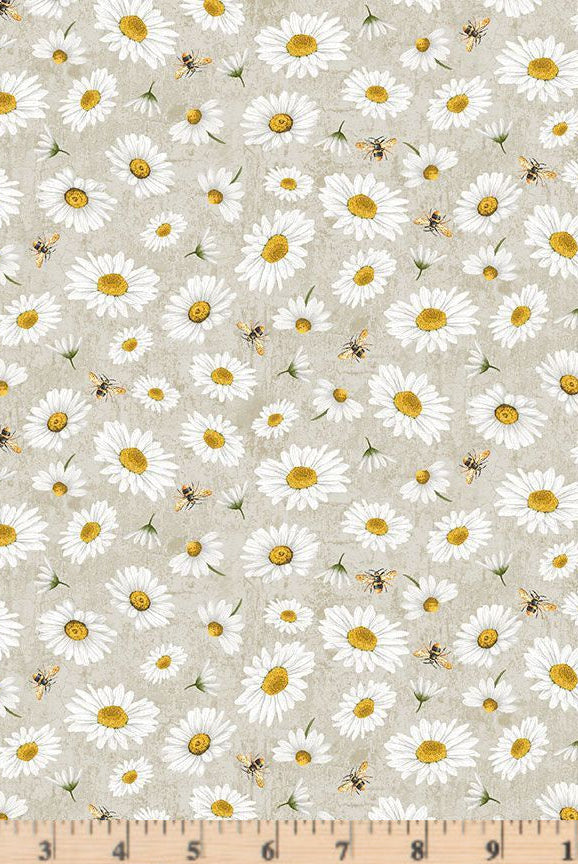 Grey Tossed Bee and Daisy Florals Fabric Honey Bee Farm BEE-CD2397 by Timeless Treasures.