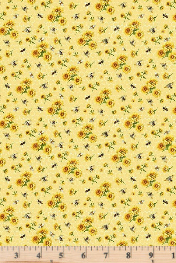  Yellow Bee and Sunflower Bouquets Fabric Honey Bee Farm BEE-CD2394 by Timeless Treasures.