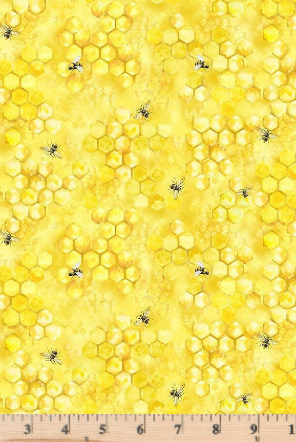Yellow Flying Bees on Honey Combs Fabric Honey Bee Farm BEE-CD2392 by Timeless Treasures.