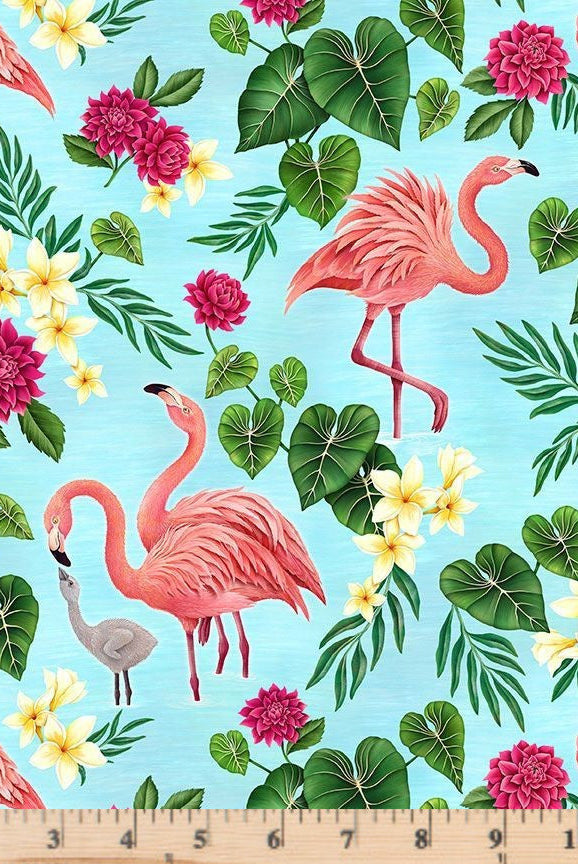 Aqua Flamingos and Tropical Florals Fabric Paradise ROSIE-CD2118 by Timeless Treasures.