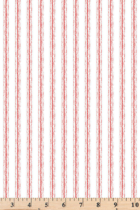 Red and White stripe on white fabric that looks like the old ticking fabric.  Peace of Earth by Riley Blake C13455