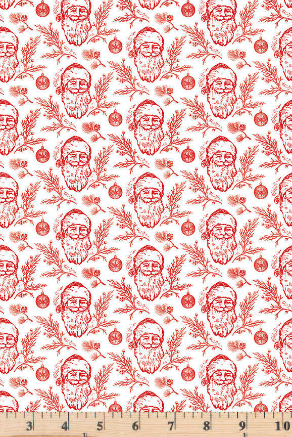 Red santa heads on white fabric with mistletoe tonal.  Peace of Earth by Riley Blake C13452