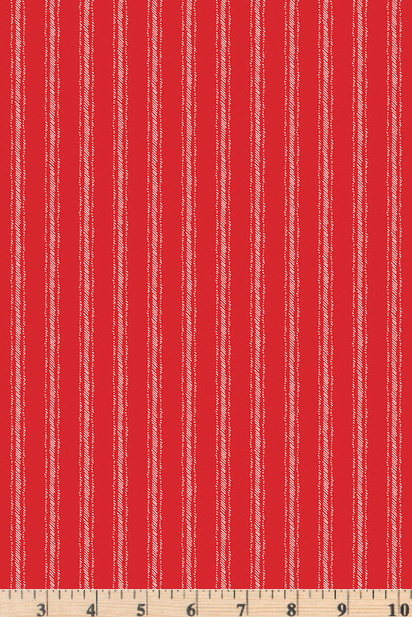 Red and White stripe on red fabric that looks like the old ticking fabric.  Peace of Earth by Riley Blake C13456
