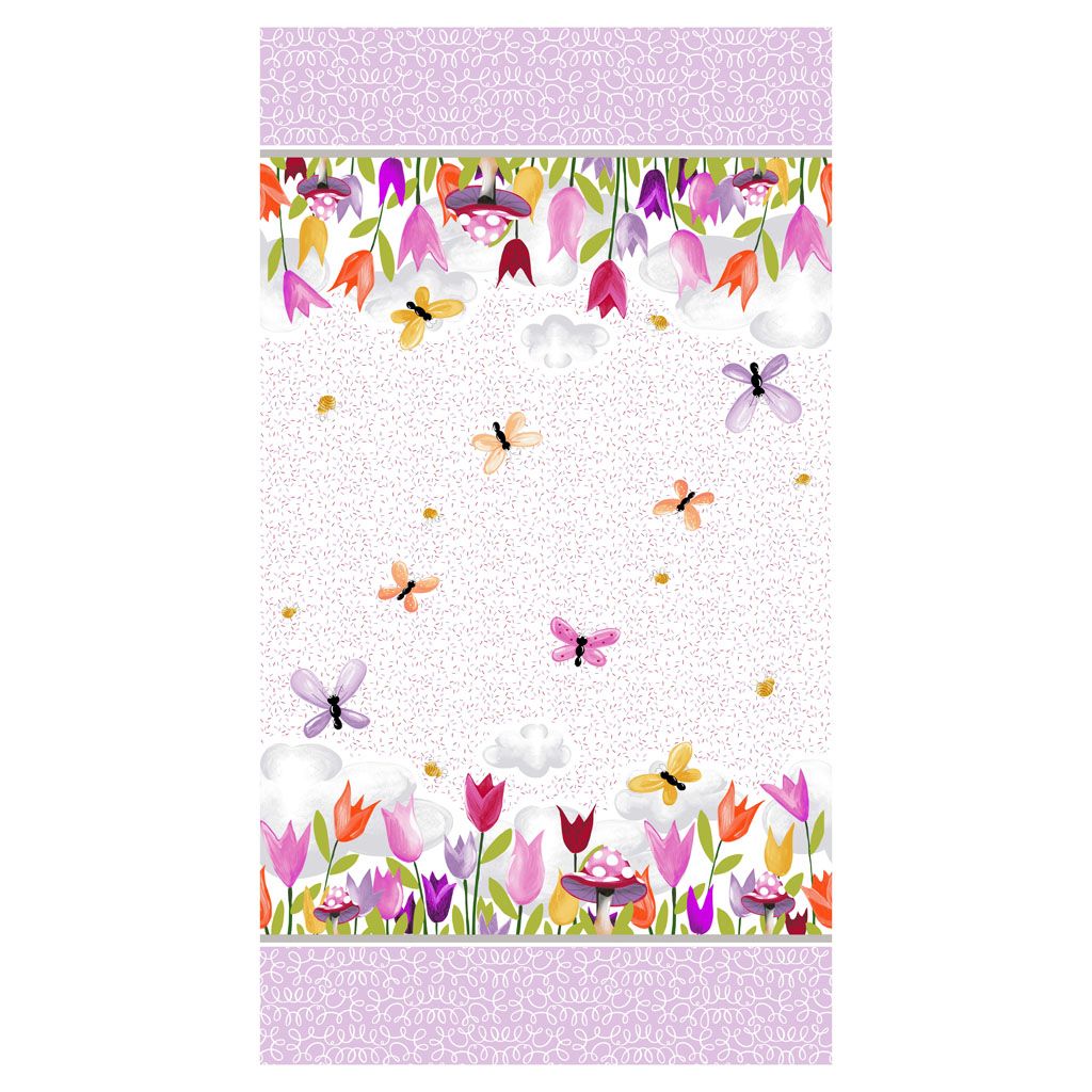 Full view of both borders with beautiful tulips and butterflies in shades of pink and purple. Cloane the Snail Double Border fabric.