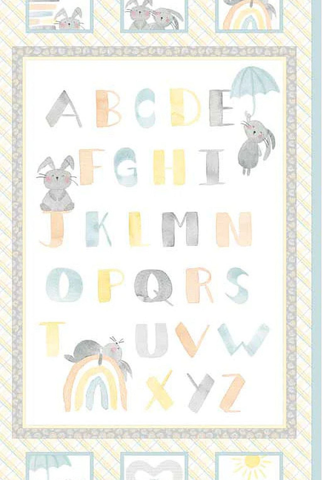Cute panel for nursery 23 by 43 in.  Pastel colors with alphabet and bunnies.  Bunny Love 05131 PA