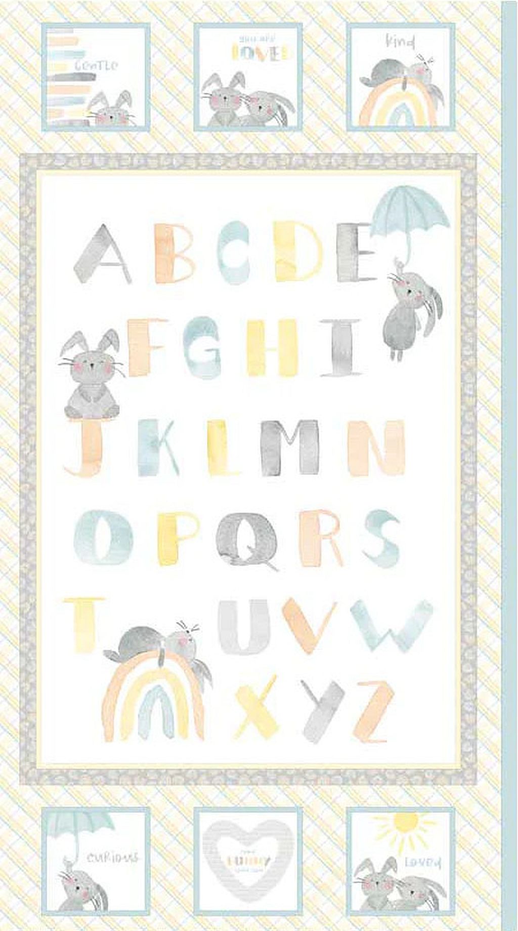 Cute panel for nursery 23 by 43 in.  Pastel colors with alphabet and bunnies.  Bunny Love 05131 PA