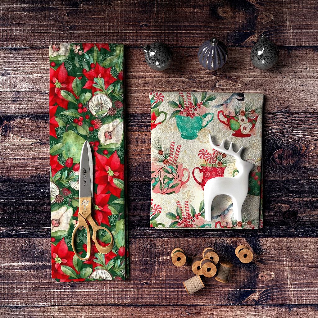 Peppermint Christmas fabric swatches on wood counter with scissors and spools.