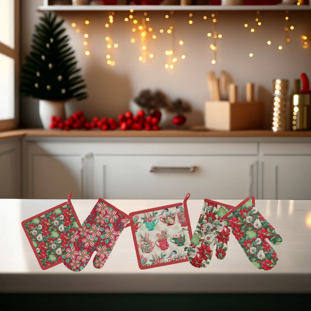 Kitchen with pot holders on counter of Peppermint Christmas with cups, birds and fruit.