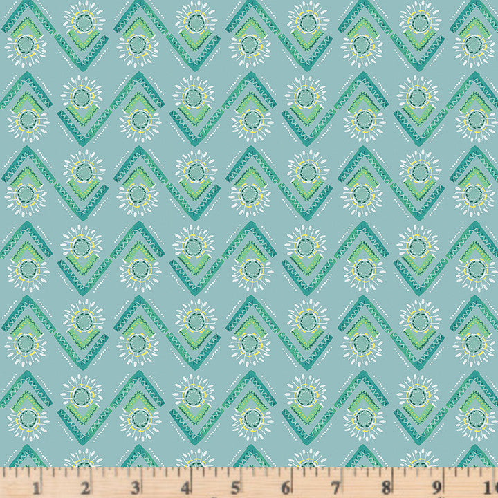 Chevron stripes with flower bursts on teal 100% cotton fabric.  A Heart Led Life Flower Spray Teal