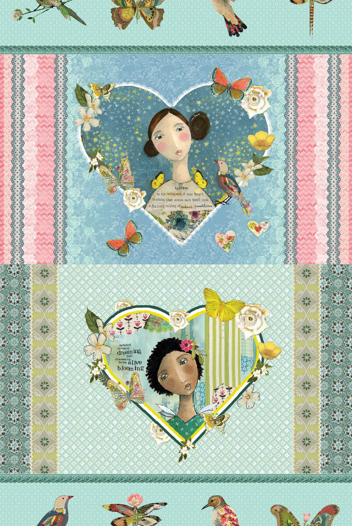 Panel 24 inches with girls in hearts in two blocks and dragonfly and humming birds on border on teal.  A Heart Led Life Panel