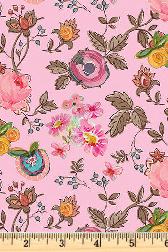 Beautiful flowers and stems on pink 100% Cotton fabric.  A Beautiful Life Garden Floral Rose 16020-21.