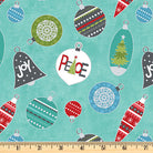 Ornaments with peace and joy scattered on turquoise 100% cotton fabric.  A Cozy Winter Peace & Joy Ornaments Turquoise.