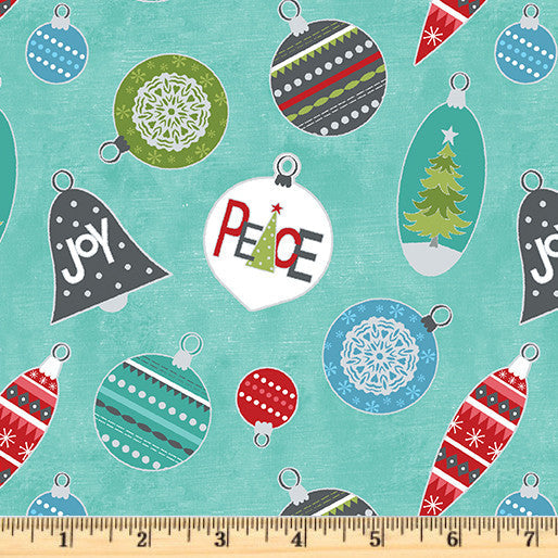 Ornaments with peace and joy scattered on turquoise 100% cotton fabric.  A Cozy Winter Peace & Joy Ornaments Turquoise.