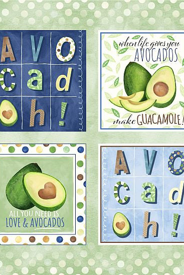 Block panel with avocado icons on sage green dotted background.  Panel is 24 x 43 inches.  Avo Great Day Panel.
