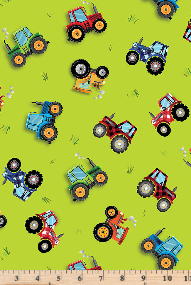 Little farm tractors in red, blue and yellow on lime green cotton fabric.  Barnyard Rules Barnyard Tractors Green.