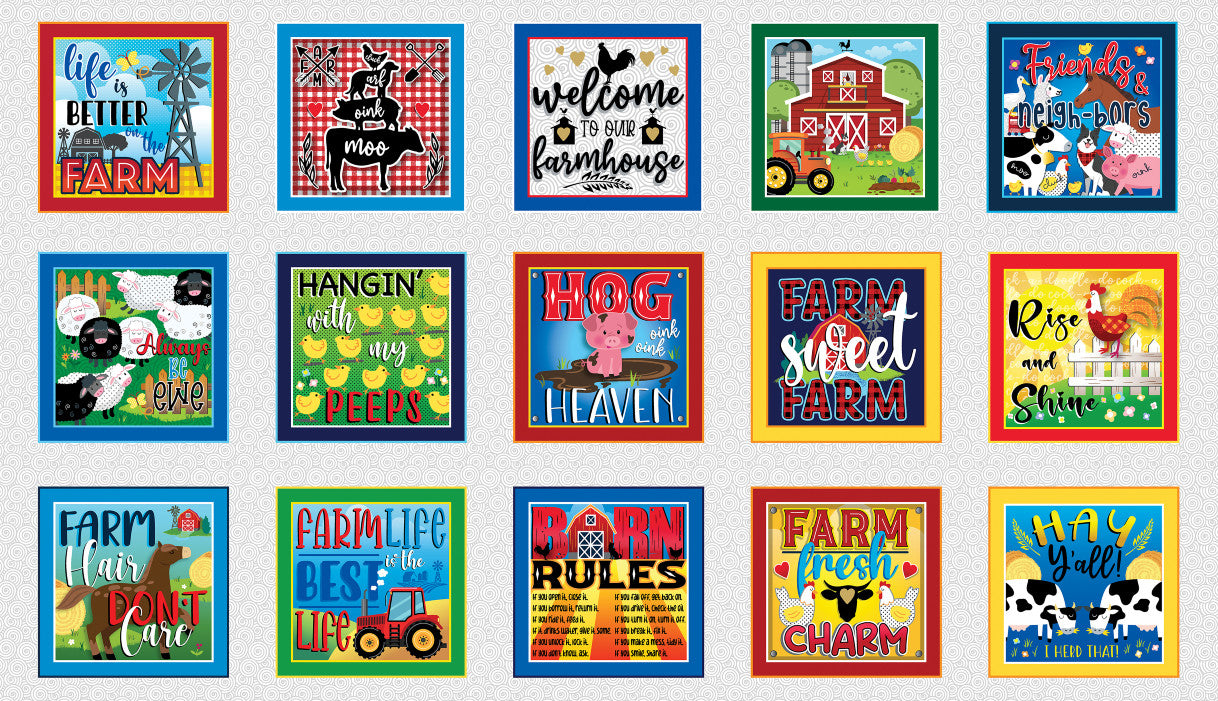 Barnyard animals and sayings in squares measuring  6.5 inches in a 43 inch panel.  Barnyard Rules Boxes Panel