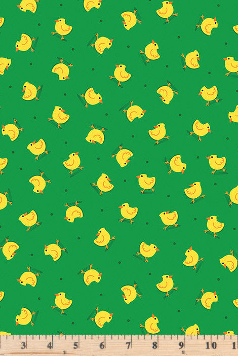 Little yellow chickies tossed on kelly green 100% cotton fabric.  Barnyard Rules Here Chickies Green.