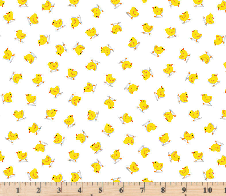 Little yellow chickies tossed on white 100% cotton fabric.  Barnyard Rules Here Chickies White.