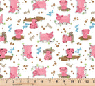 Pink little pigs playing in mud puddles on white 100% cotton fabric.  Barnyard Rules Hog Heaven White.