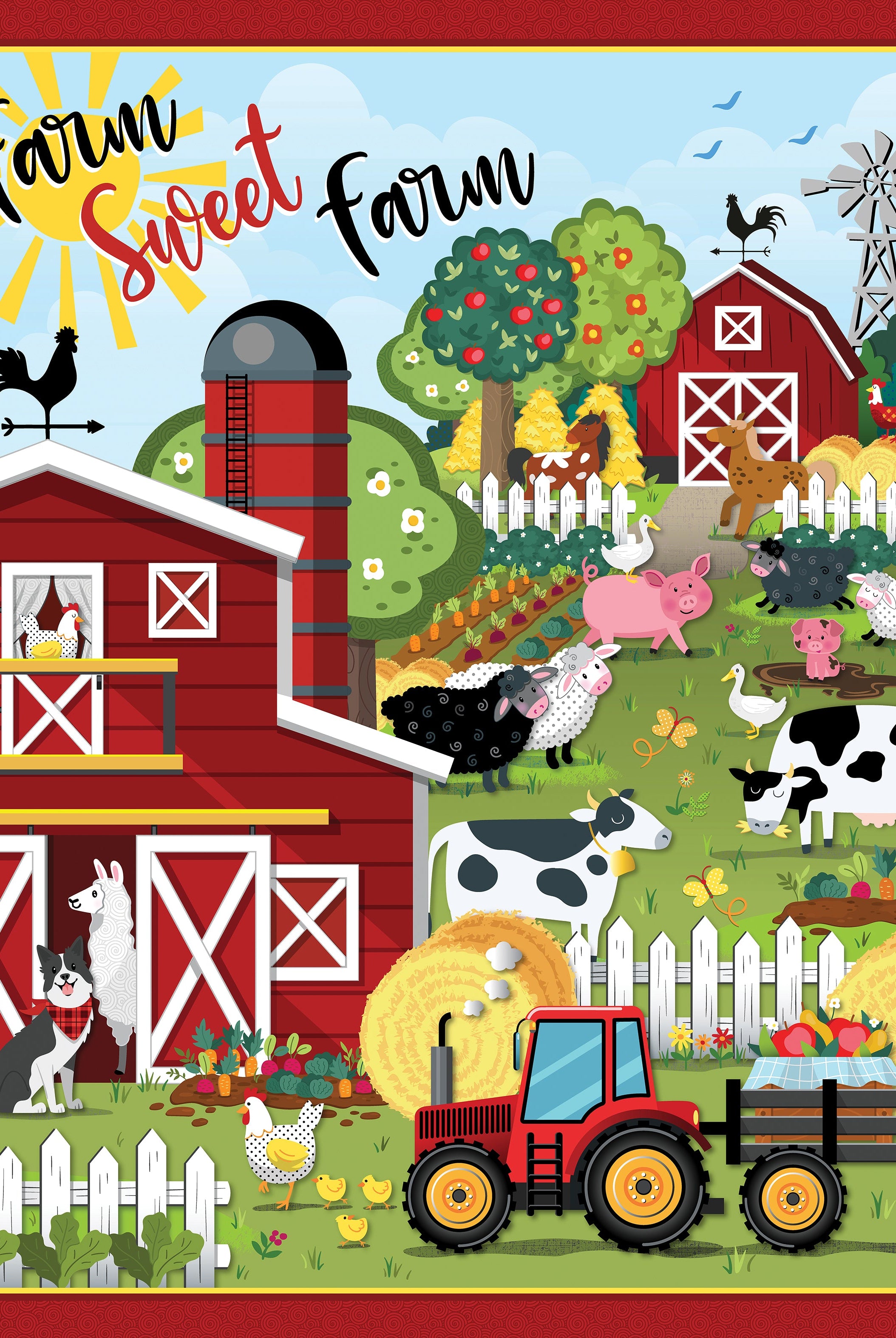 Scenic barnyard with barn, tractors and farm animals on 36 x 44 inch panel.  Barnyard Rules Sweet Farm Panel.