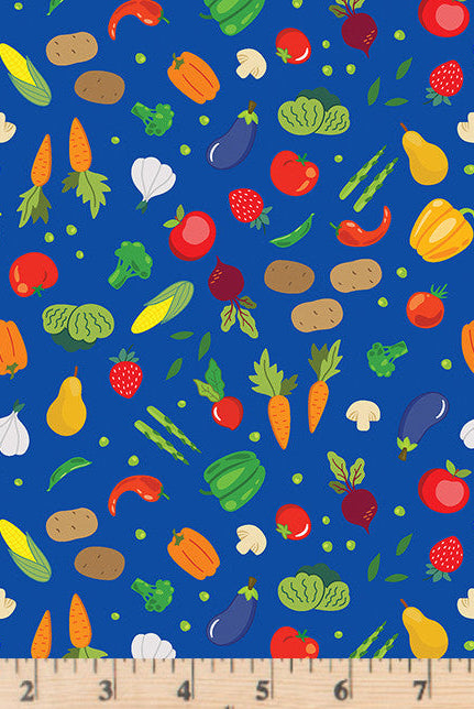 Carrots, peppers, corn and many other veggies tossed on royal blue 100% cotton fabric.  Barnyard Rules Veggie Patch Royal.