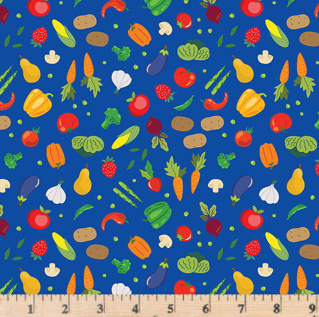 Carrots, peppers, corn and many other veggies tossed on royal blue 100% cotton fabric.  Barnyard Rules Veggie Patch Royal.