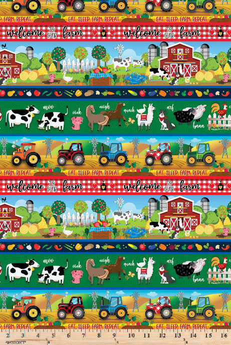 Very cute repeating stripe with barns, tractors and lots of farm animals.  Barnyard Rules Repeating Stripe Multi.