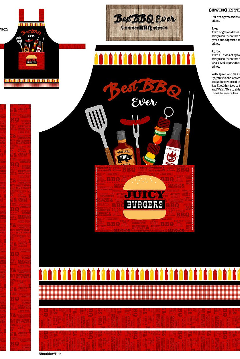Apron Panel 36 inches with big red pocket that says "Juicy Burgers" with BBQ gear tucked inside and coming out the top. 