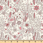 Tonal pink leaves, flowers and butterflies on ecru 100% cotton fabric.  Bird Song Field Book Rose 